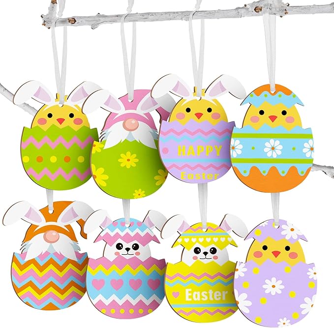 Qunclay 40 Pcs Easter Ornament Decor Easter Bunny Egg Hanging Sign for Tree Rabbit Wooden Slices Spring Wooden Cutouts with Rope for Party Home Farmhouse Indoor Outdoor(Funny Style)