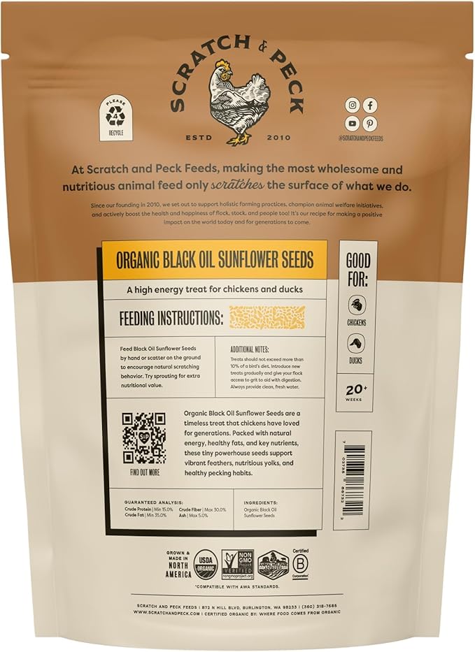 Scratch and Peck Black Oil Sunflower Seeds Chicken and Duck Treat - 7 lbs Bag - 15% Protein, Certified Organic and Non-GMO Project Verified Chicken Food