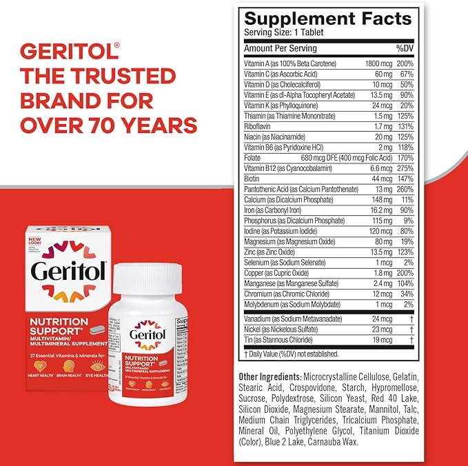 Geritol, Multivitamin Supplement, Contains Antioxidants, Vitamins B, C, E & D and Iron, 27, Minerals, Gluten-Free, Non-GMO, No Artificial Sweeteners, 40 Tablets, 2 Pack