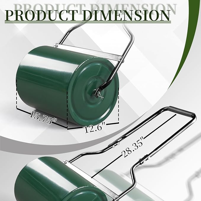 16in Heavy Duty Steel Lawn Roller,Manual Hand Lawns Roller,Water or Sand Filled Garden Rollers,Push/Tow-Behind Yard Rollers,with U-Shaped Handle,for Garden Yard Park Backyard Farm (Green & Black)