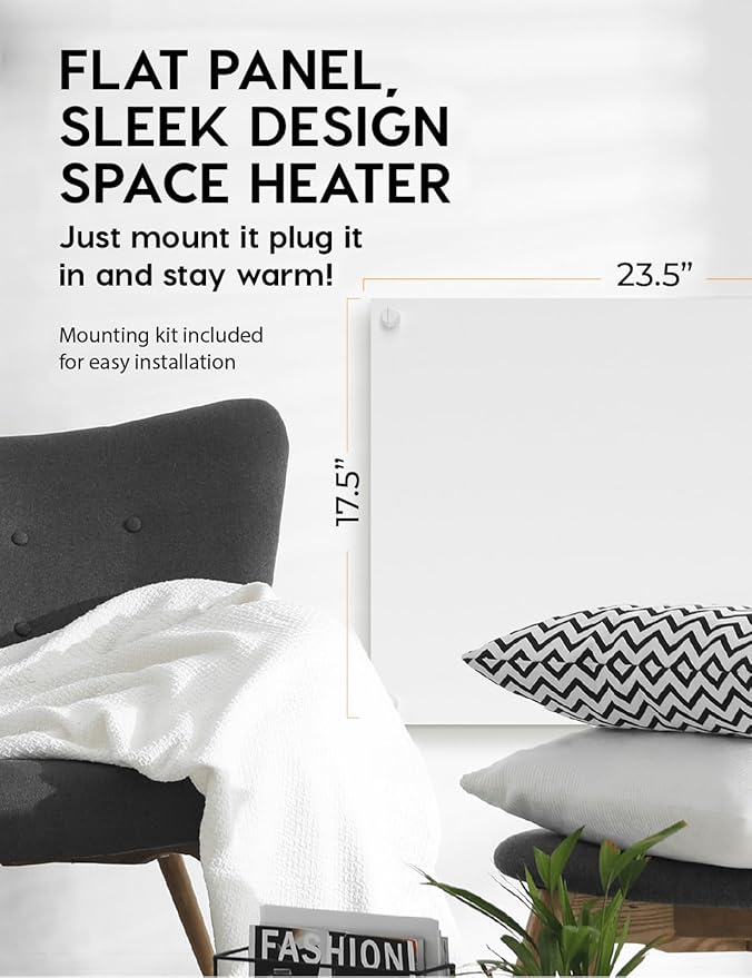 EconoHome Wall Mount Space Heater Panel - with Thermostat - 250 Watt Splashproof Convection Heater - Ideal for 100 Sq Ft Room or Bathroom - 120V Electric Heater - Updated Model