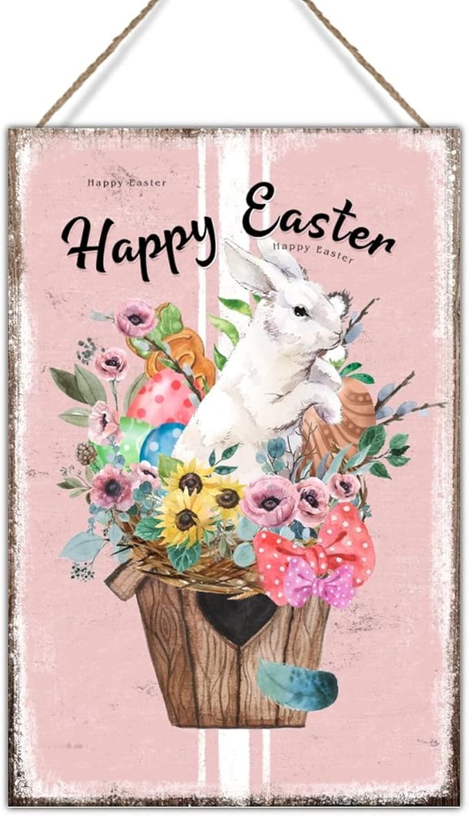 Wooden Sign Plaque French Style Floral Pink Stripes Sign Happy Easter Flower Basket Bunny Wall Art Decor Bunny Rabbit Happy Easter Wood Wall Art Sign for Living Room 8x12in