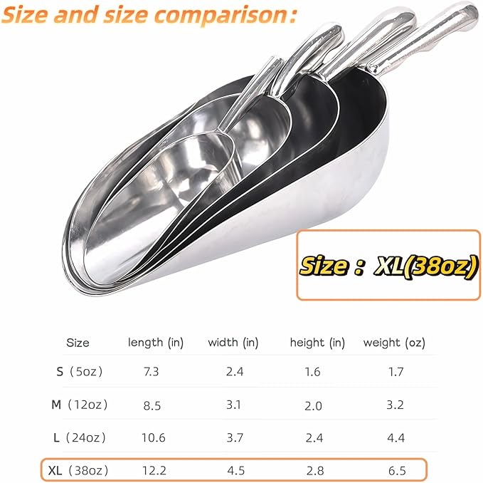 Ice Scoop, Heavy Duty Cast Aluminum, Ergonomic S-Curve Handle, Commercial Grade for Ice, Coffee, Popcorn, Flour, Sugar, Food-Grade & Rust-Proof Kitchen Tool (XL (38oz))