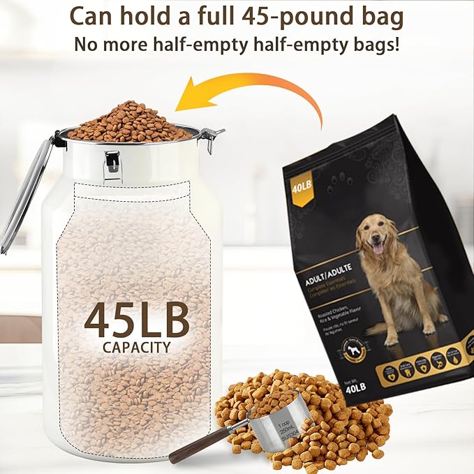 Dog-Cat Food Storage Container 45 lb/48 Qt, Large Stainless Steel Pet Food Bin with Airtight Lid & Scoop Included, Durable 304 Metal Storage for Dogs & Cats