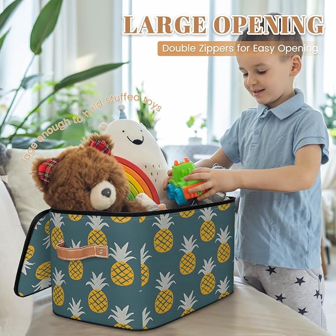 Yellow Pineapple Print Storage Bins With Lids Fabric Collapsible Storage Box with Leather Handles for Home Bedroom Foldable Closet Shelf Organizer