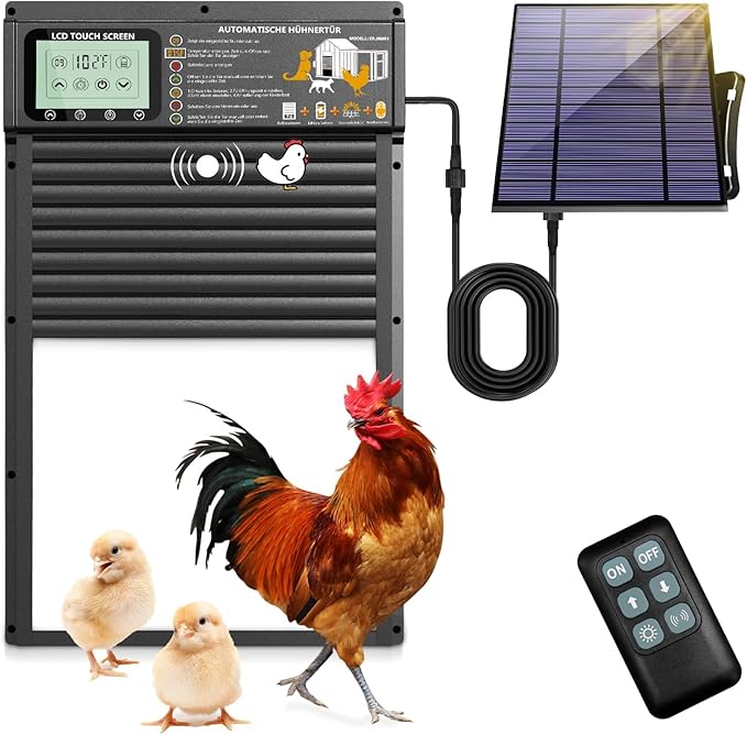 Automatic Chicken Coop Door Opener, Space-Saving Roll-up Design, 11.8" x 18.9" Aluminum Alloy Poultry Door for Ducks Geese, Solar Panel with Built-in 6000mAh Battery, Support USB-A Power