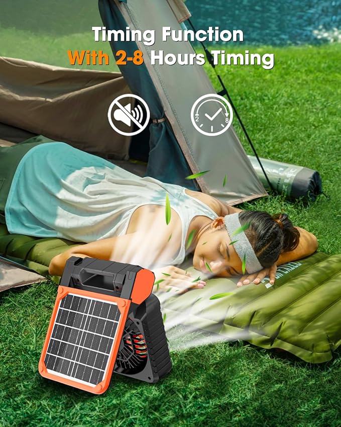 Solar Camping Fan 10400mAh, Solar Powered Fan with LED Lantern, 7W Rechargeable Battery Operated Fans for Outside, 4 Speeds, 2-8H Timer and Quiet Battery Powered Solar Tent Fans for Outdoor, Barbecue