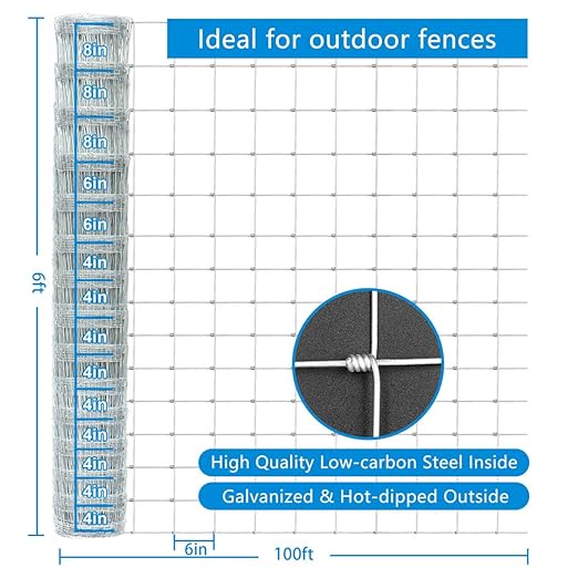 Farm Fence 6ft. x 100ft Galvanized Field Wire Fencing,Heavy Zinc Coating Cattle,Deer,Goat,Hog Wire Fence for Yard Garden & Animals Protection
