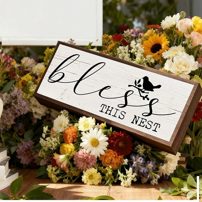 Farmhouse Home Decor, Bless This Nest Sign, Rustic Framed Wooden Block, Wall Decors Art, Front Door Porch Hallway Decors, Housewarming Gift for Christian 9.5x3.1x1 inches