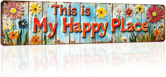 This is My Happy Place Metal Tin Sign Rustic Floral Wall Decor for Farmhouse Kitchen Living Room Bedroom Entryway 4x16 Inch