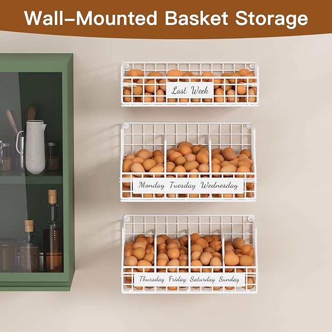 Egg Holder Countertop with 5 Dividers & Labels, 3 Tier Stackable Chicken Egg Baskets for Gathering Fresh Eggs, Egg Holder for Egg Storage, Wall-Mounted, White