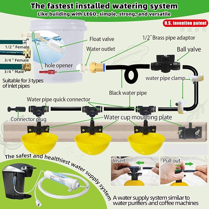 Complete Set Pipeline Automatic Chicken Waterer System, Innovative Quick-Connect Water System with Large Size Water Cups Removable and Washable, 18ft Pipeline and Float Valve (Yellow, 6Cup)