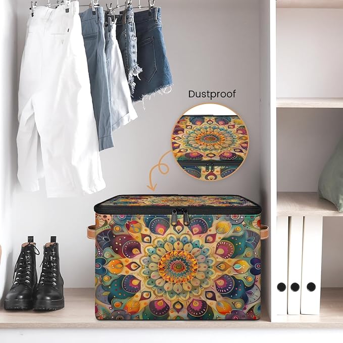 Boho Storage Bins with Zipper Lid Fabric Storage Containers for Clothes Collapsible Closet Storage Basket with Metal Frame 1 Pack