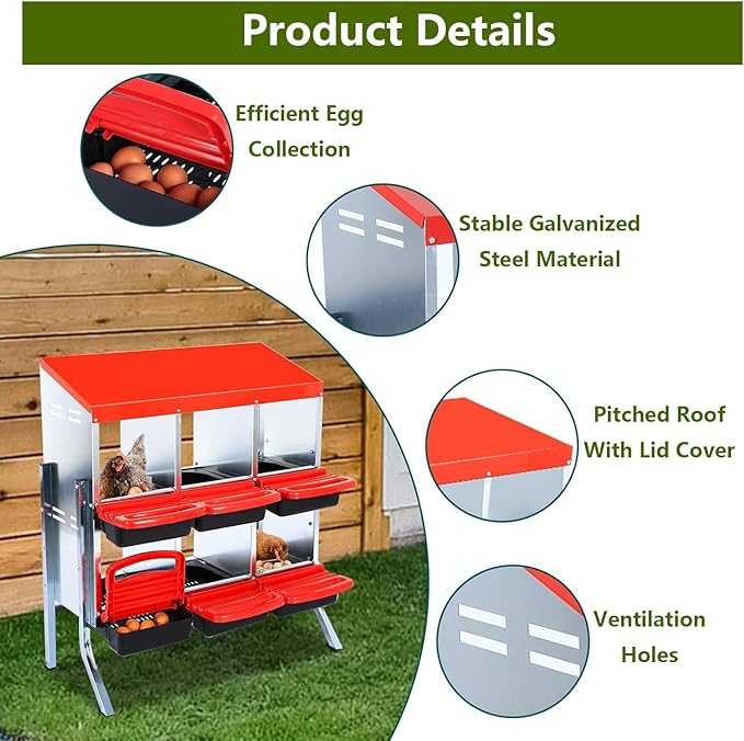Chicken Nesting Box, 2-Tier Chicken Laying Boxes for Hens, 10 Hole Nesting Boxes for Chickens, Roll Away Nest Box for Laying Eggs, Roll Out, Easy Egg Collection (Red, 6-Holes with Legs)