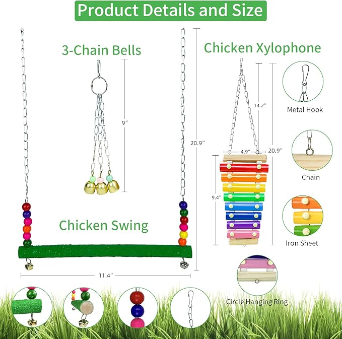 12 Pack Chicken Toys for Hens,Net Mirror Bell Xylophone String Vegetable Fruits Skewer Hanging Ladder Swings Coop Accessories for Hens Bird Parrot