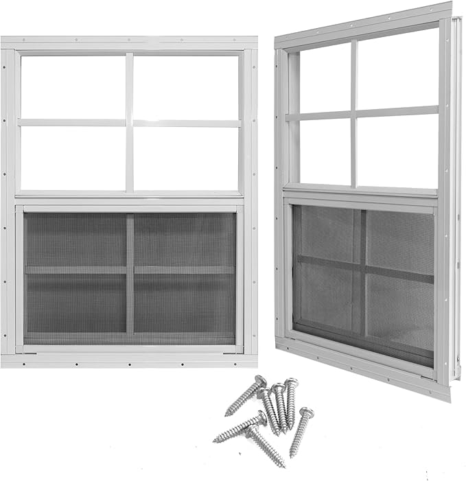 Yuzzy 24" x 36" Shed Windows with Tempered Glass and Fiberglass Screen, 2 Pack Small Sliding Windows for Shed, Chicken Coop, Playhouse, Household, Garage, Barns (White)