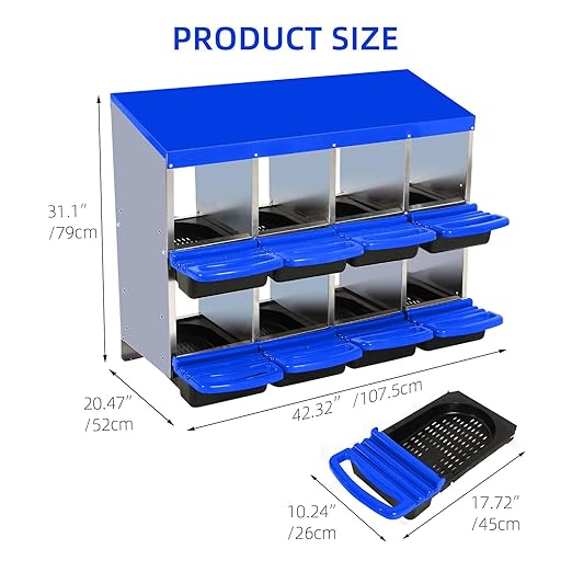 Chicken Nesting Boxes, 8 Hole Metal Chicken Laying Box with with Removable Trays and Roll Out Egg Collection for Chicken Coop, Blue