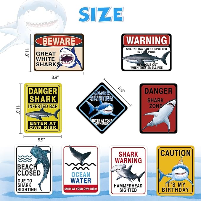 WERNNSAI Shark Birthday Party Decorations - 9 PCS Blue Shark Party Decoration Signs for Kids Boys Under The Sea Birthday Supplies Ocean Shark Signs Decor for Ocean Themed Baby Show Party Favors