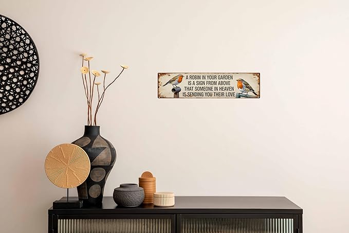 Robin in Garden Sign from Heaven Metal Sign 4x16in Memorial Plaque for Garden Wall Decor