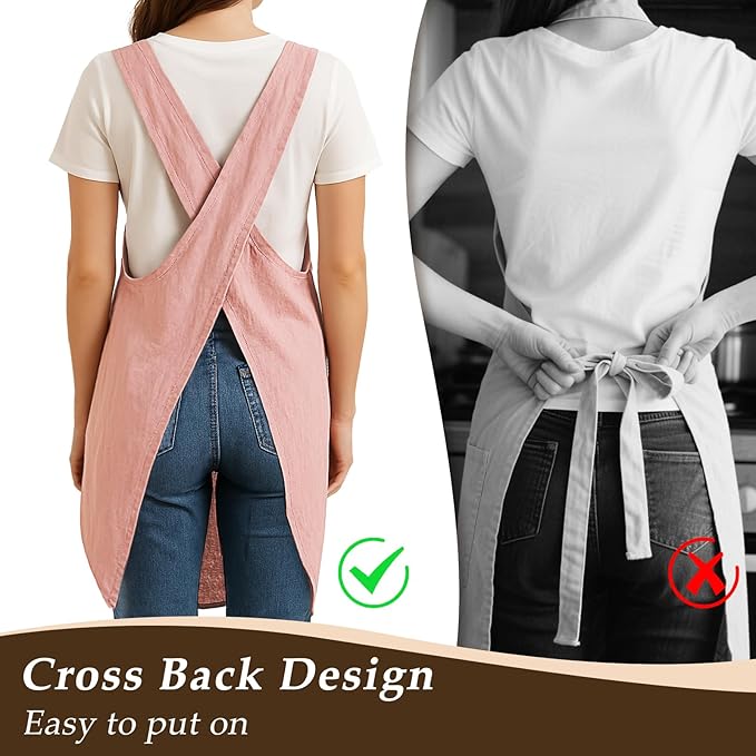 Apron for Women with Pocket Cotton Linen, Japanese Cross Back Apron for Gardening Painting