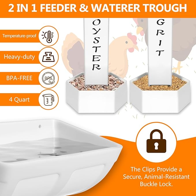 4 Pack Total Chicken Grit and Oyster Shell Feeder Kit, Includes 2 PVC Gravity Grit Feeders with Lid & 2 Hanging Poultry Waterers for Hens, Ideal for 5-6 Chickens, Coop Accessories for Healthier Eggs