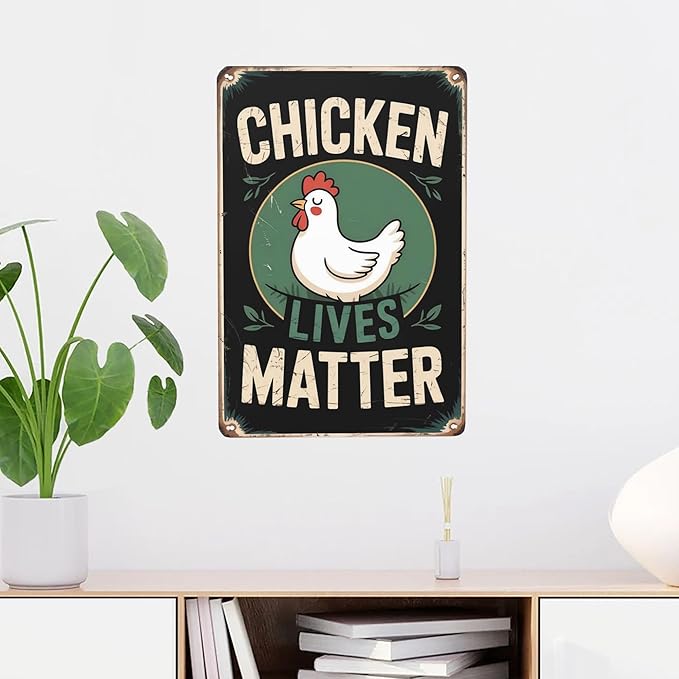 Retro humor wall art sign featuring Chicken Lives Matter Metal Tin Sign Farm Backyard Decor Perfect For Hanging In Coop Garden Rustic Vintage Finish Animal 8x12 inch metal sign for home bar wall