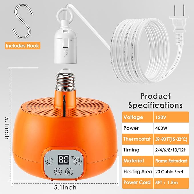 Enhon Chicken Coop Heater, 400W Heat Lamp for Chickens, Smart Chicken Brooder Heater with Thermostat & Timer, 5 Ft Extra Long Cable Heating Lamp for Chicks Ducks Dogs Cats Reptiles, No Remote
