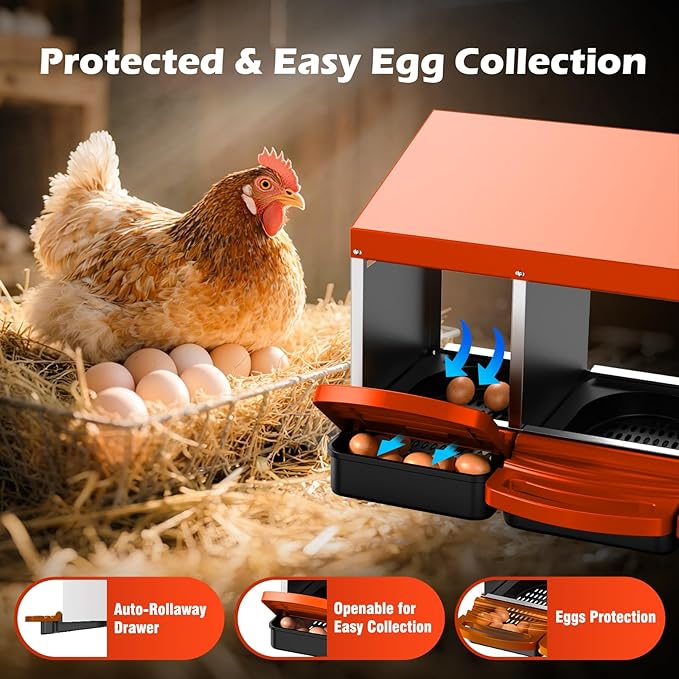 Chicken Nesting Boxes, Roll Away Laying Nest Box for Hens, Galvanized Steel with Removable Egg Drawer, Protects Eggs, Easy Egg Collection, for Chicken Coop, 3 Compartments