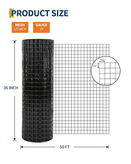 Chicken Wire Fencing 1/2 Inch 48in x 100ft Galvanized Welded Wire Mesh Roll, Chicken Wire Fence for Poultry Rabbit Snake Gopher Cage, Garden Plant Fencing & Animal Netting - Black