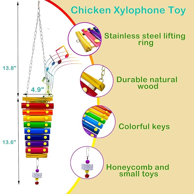 Chicken Toys for Hens, 10 Pack Chicken Toys for Coop, Chicken Mirror Swing Xylophone, Colorful Ladder and Small Toys for Chicken, Vegetable Fruits Hanging Feeder for Chicken Coop Accessories