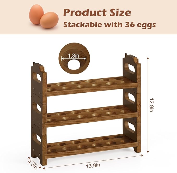 Wooden Egg Holder Countertop Fresh Chicken Egg Holders Storage for Gathering Fresh Eggs, 3-Tier Stackable with 36 Eggs, Farmhouse Home Eggs Rack Organizer Decoration