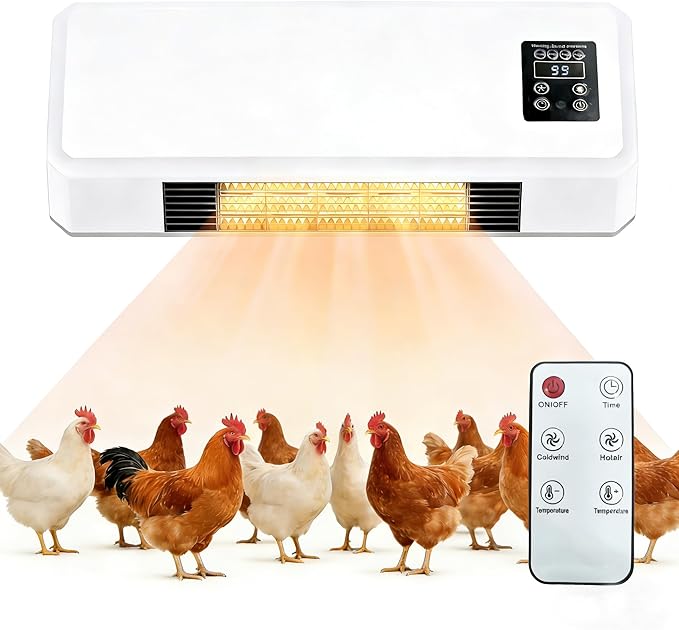 1500W Chicken Coop Heater for Winter，Wall-mounted 2-Mode Heater for Chicken Cages,5S Fast Heating & Adjustable Temperature (77~99℉)，Warm Stoves for Poultry and Pets in Winter