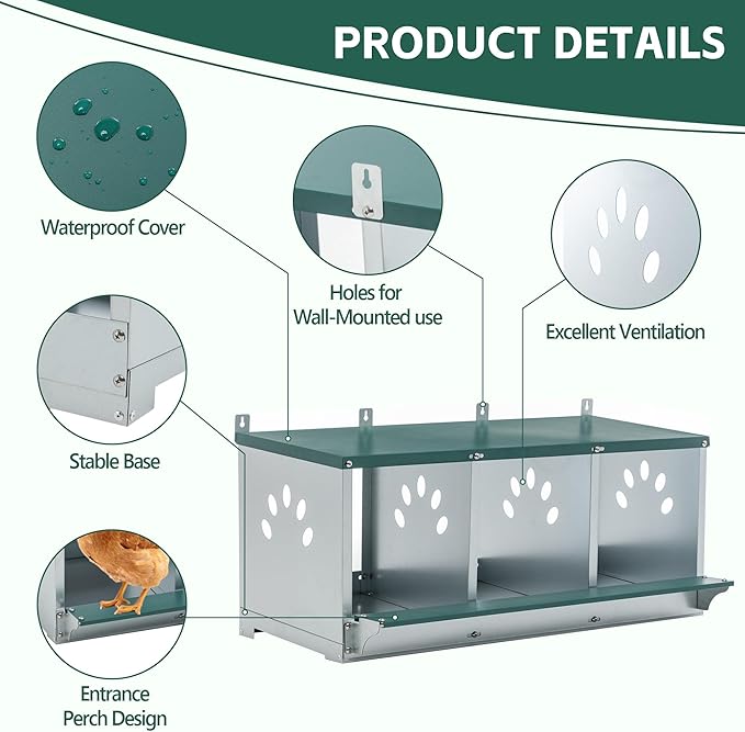 3/4 Compartment Chicken Nesting Boxes, Metal Wall Mount Chicken Egg Laying Box with Roll Out Egg Collection, Galvanized Steel Chicken Nesting Box for Laying Hens, Easy to Clean & Assemble (3-Hole)