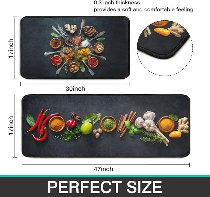 Roszwtit Artistic and Colorful Kitchen Rugs and Mats Set of 2, Spicy Art Non-Slip Backing Kitchen Rugs, Cooking Sets Low-Profile Washable Floor Mat for Home Kitchen Decor - 17x29 and 17x47 Inch