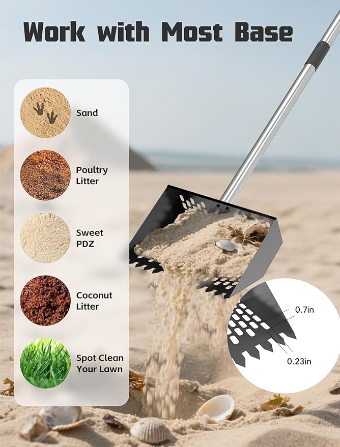 Chicken Poop Scooper & Rake, Metal Sifting Shovel 10" Wide Metal Head, Adjustable Handle to 74", Chicken Coop Scooper with Adjustable Handle for Chicken Coop & Pet Waste Cleaning
