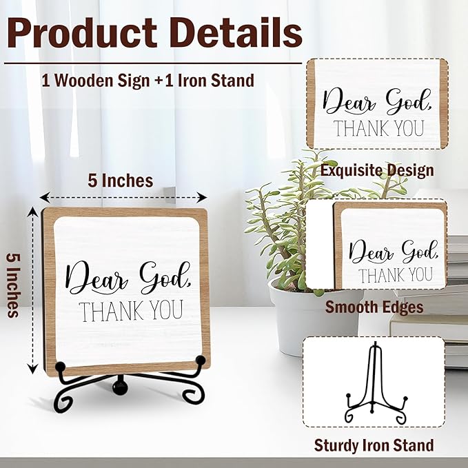 Religious Gifts for Women, 5 Inch Christian Bible Verse Decor, Inspirational Wooden Plaques for Home Office, Dear God Thank You Sign - A10