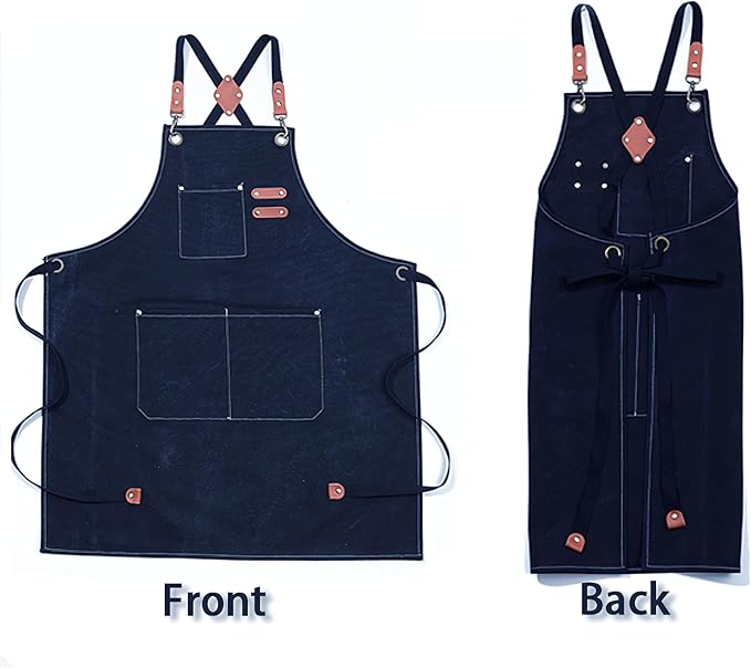 Multi-Pocket Waterproof Oil-Proof Canvas Cotton Apron Cross-Back Adjustable Straps For Chefs Barbers Carpenters