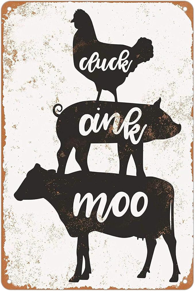 KENSILO Metal Tin Signs Vintage Cluck Oink Moo Chicken Pig Cow Farmhouse Home Kitchen Restaurant Wall Decor 8 x 12 inches