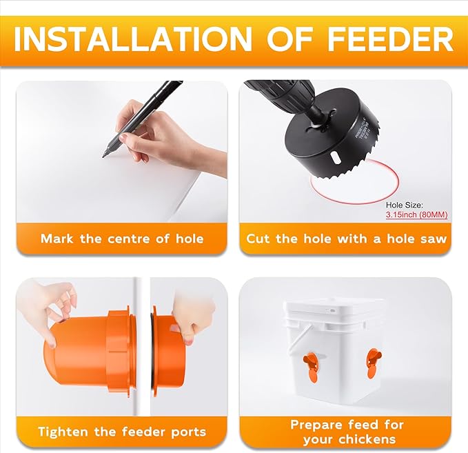 Chicken Feeder Port 12Pack Poultry No Waste Port Kit with Stopper Lid, 1 Hole Saw, DIY Automatic Reusable Coop Feeder, Rain Proof Gravity Feeding Geese Duck Hens Rooster for Bucket Barrel Bin (Orange)