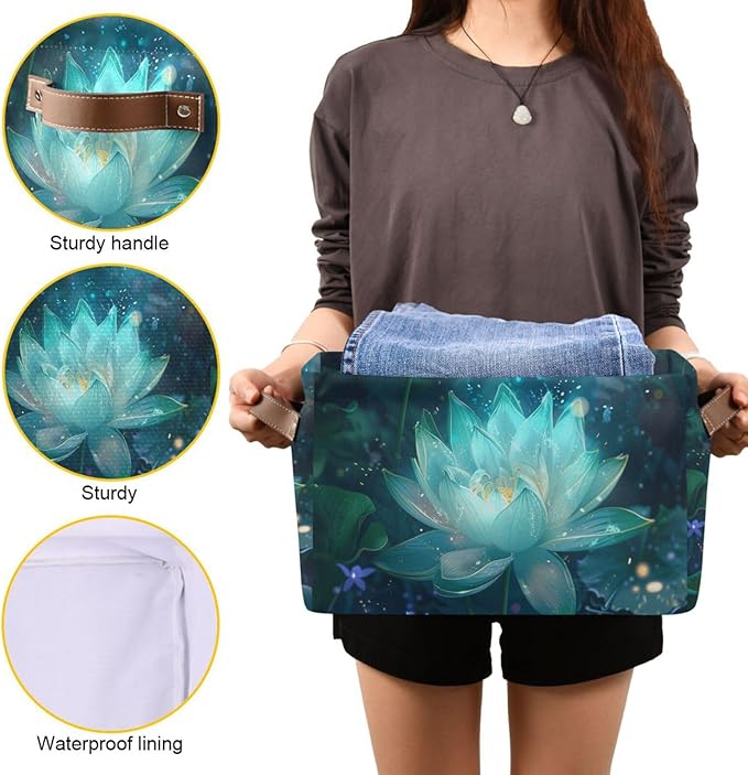 JIPONI Glowing Lotus Fabric Storage Bins for Shelves, Decorative Storage baskets for organizing, Closet Organizer with Handle for Cloth, Toys, Bedrooms, Farmhouse
