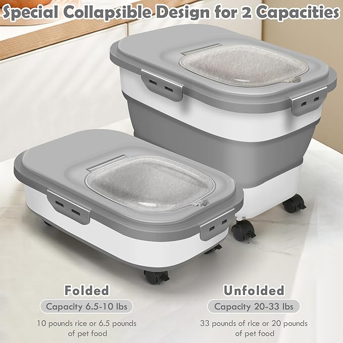 Dog Food Storage Container, 20Lbs Rice Storage Container Dispenser, Airtight Large Pet Cat Food Bin with Wheels, Scoop & Measuring Cup, Collapsible Kitchen Dry Food Holder for Four Sugar Cereal Kibble