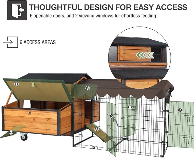 Heavy Duty Chicken Coop for 3-6 Chickens – Reinforced Metal Frame & Spacious Run with 6 Nesting Boxes, 7 Doors, Wheels – Outdoor Poultry House for Ducks, Rabbits (76.6”L x 53.8”W x 36.8”H)