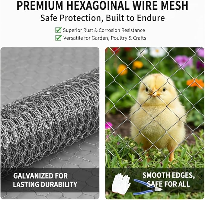 (47 inches x 99 feet) No. 20 Hexagonal Galvanized Metal Mesh, Chicken Wire Fence, Poultry Protective Netting, Cut-to-Size, Weather-Resistant, Includes Gloves, Pliers, and Wire