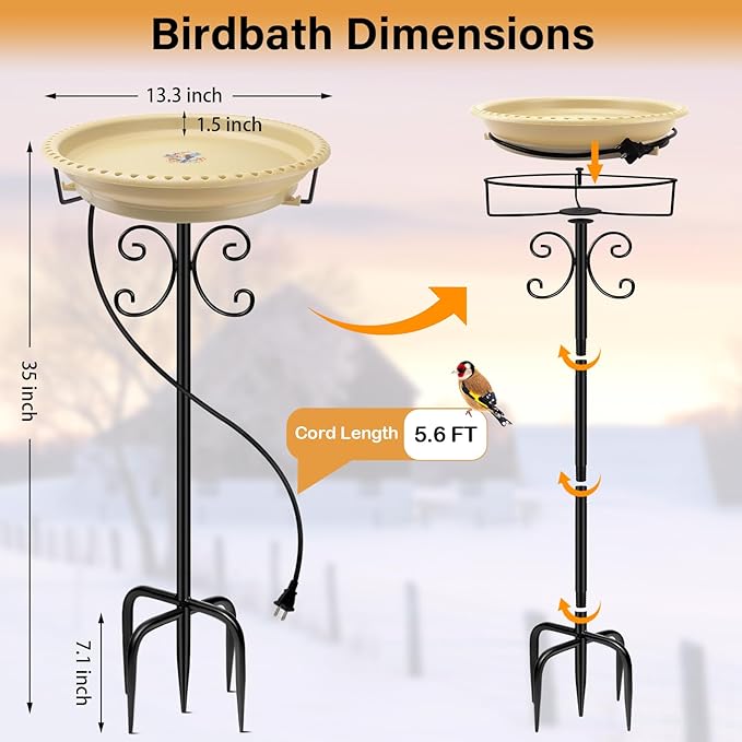 Daoeny Heated Bird Bath for Winter, Upgraded 100W Heated Bird Baths for Outdoors Thermostat Control with 5-Prong Metal Base, Heated Bird Bath for Outside Winter Garden Patio Yard Lawn (Khaki)