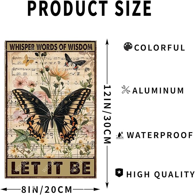 Metal Signs Let It Be Butterfly Retro Tin Sign for Home Office Kitchen Bar Cafe Garden Wall Decor 12x8 Inch