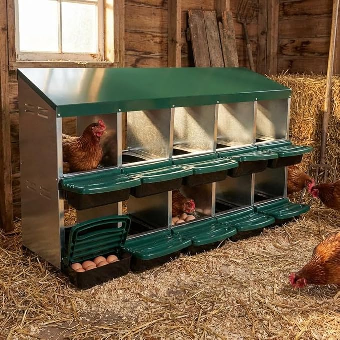 Chicken Nesting Boxes with Cleanable Pull-Out Trays - 10 Hole Metal Rollaway Nest Box for Laying Hens, Wall Mount or Placed Design for Easy Egg Collection & Cleaning