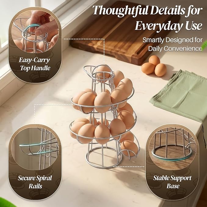Flexzion Egg Skelter Modern Spiral Egg Holder Countertop (Medium Egg Display) - Freestanding Wired Countertop Egg Holder for Fresh Eggs, Dispenser Stand, Storage Rack for Kitchen, Silver