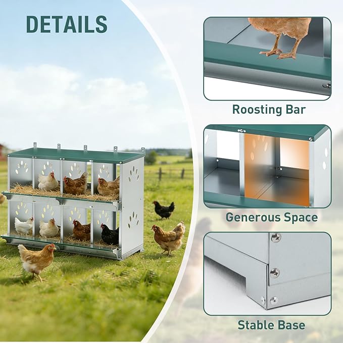 8 Compartment Metal Chicken Nesting Box, Roll Out Hen Laying Box for Easy Egg Collection, Wall Mount Poultry Nest Box for Backyard Chickens, Green, 42.72" L x 16.34" W x 26.38" H