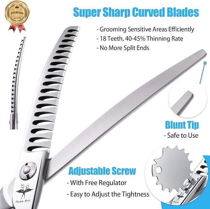 PURPLEBIRD 6.5 Inch Downward Curved Dog Grooming Scissors Pet Chunker Shears Professional Safety Blunt Tip Trimming Shearing for Dogs Cats Face Paws Limbs Japanese Stainless Steel Silver