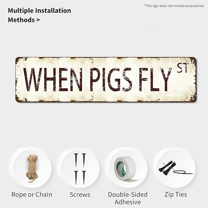 Vintage Metal Sign - When Pigs Fly - 16x4 Inch Humorous Farmhouse Wall Decor, Rustic Southern Style Tin Plaque for Bar, Garage, Whimsical Gift Idea for Impossible Achievers and Pig Lovers